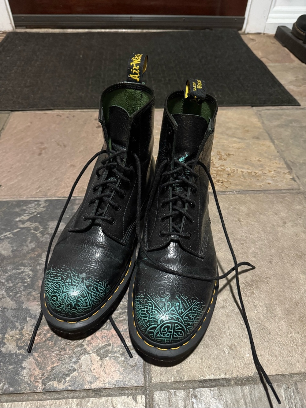 Dr. Martens 1460 Black Leather 8-Eye Boots with Teal Embossed Toe